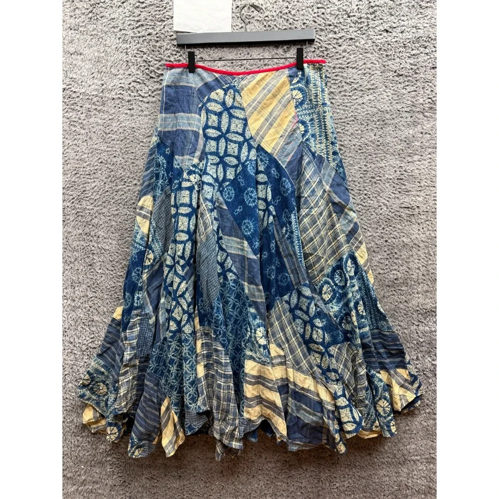 Ralph Lauren Linen-Cotton Patchwork Flared Maxi Skirt Indigo Womens Size 12